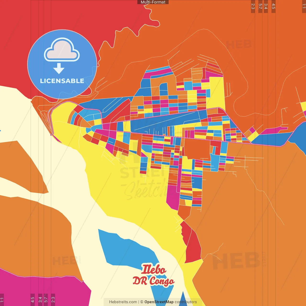 Ilebo, DR Congo Crazy Colorful Street Map Poster Template