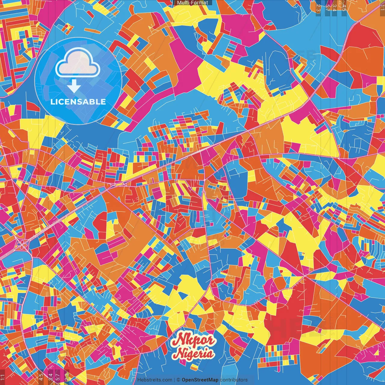 Nkpor, Nigeria Crazy Colorful Street Map Poster Template