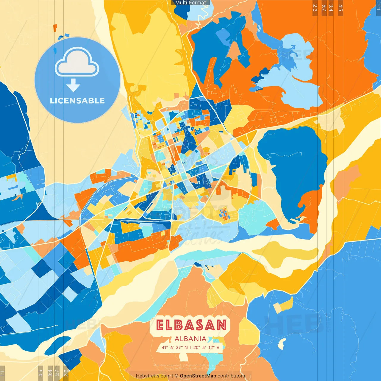 Elbasan, Albania blue and orange vector art map template