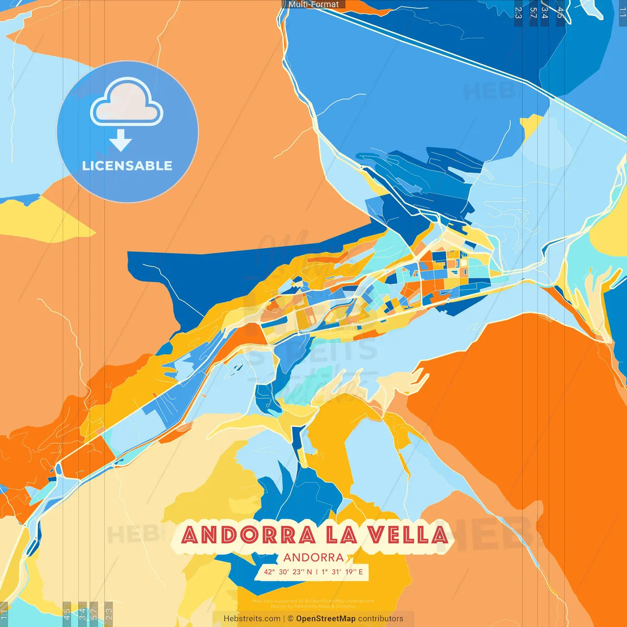 Andorra la Vella, Andorra blue and orange vector art map template
