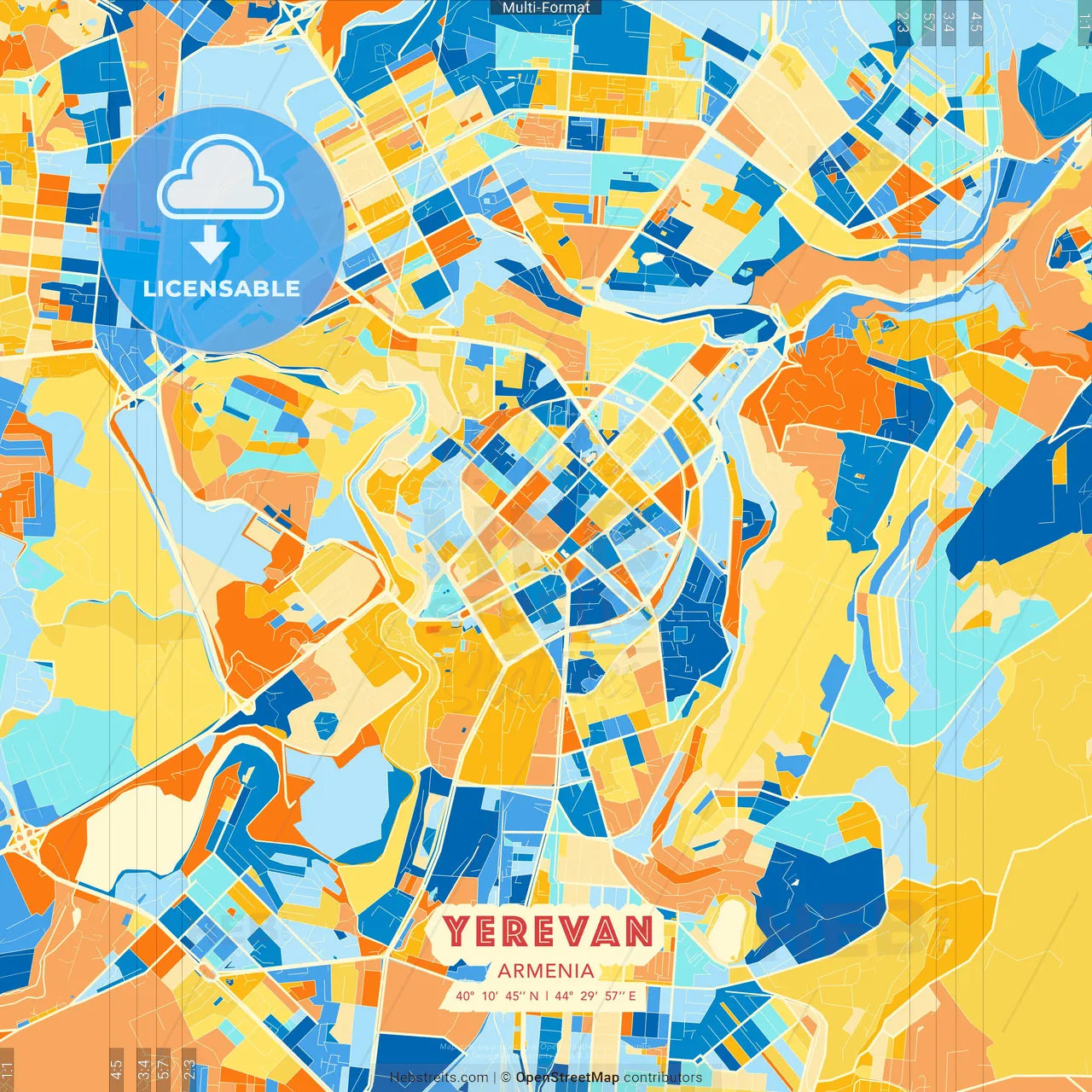 Yerevan, Armenia blue and orange vector art map template