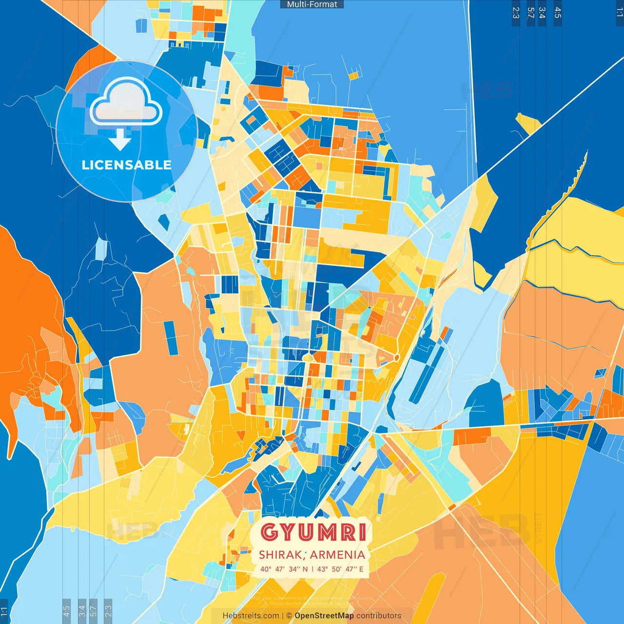 Gyumri, Shirak, Armenia blue and orange vector art map template