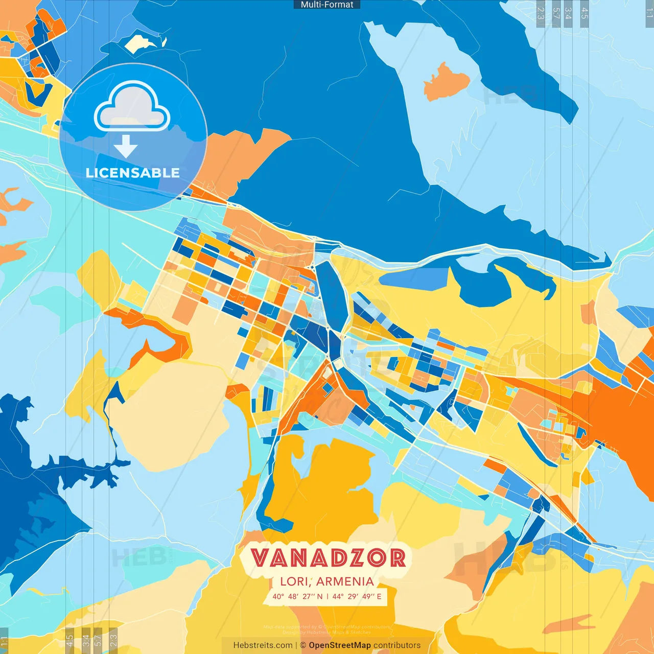 Vanadzor, Lori, Armenia blue and orange vector art map template