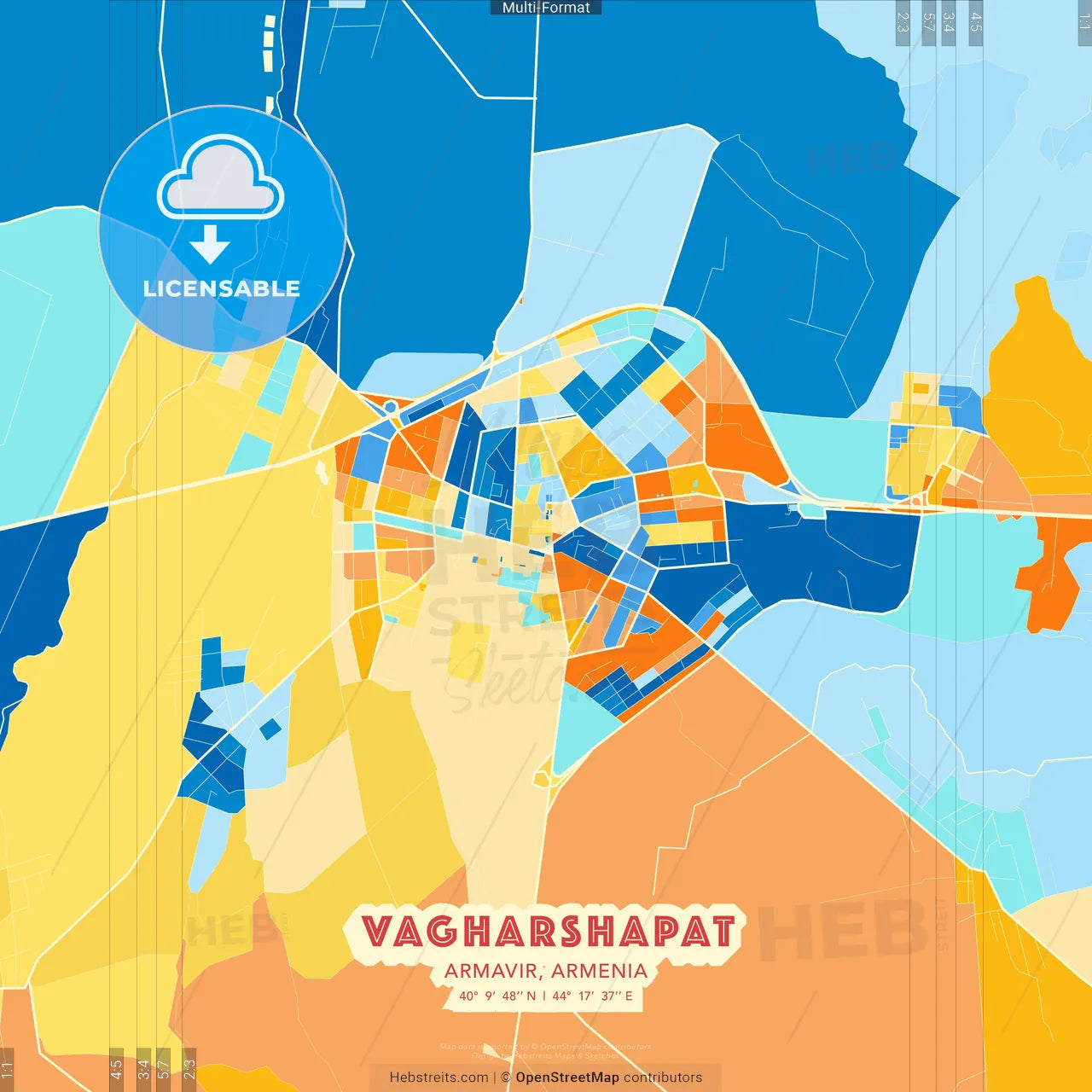 Vagharshapat, Armavir, Armenia blue and orange vector art map template