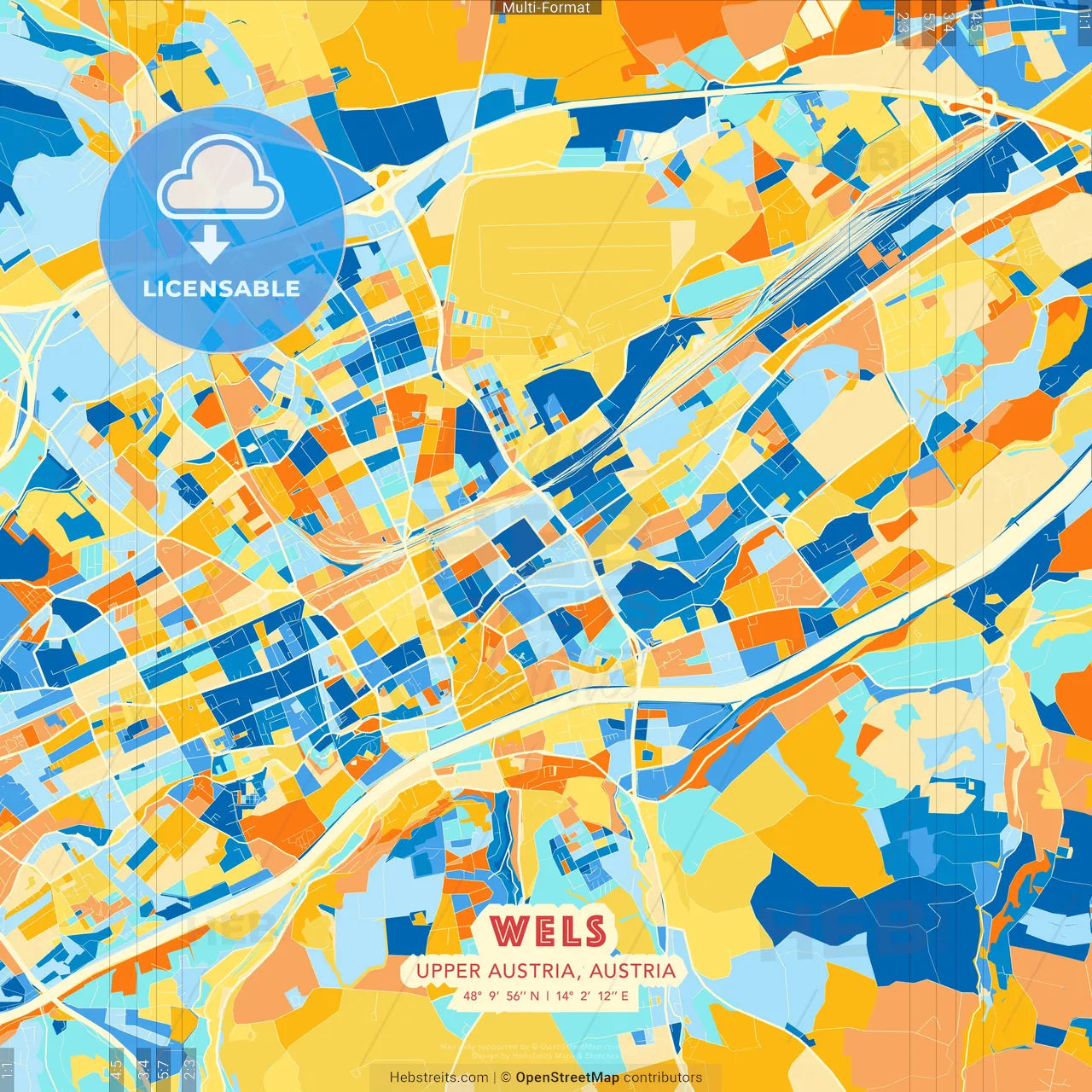 Wels, Upper Austria, Austria blue and orange vector art map template