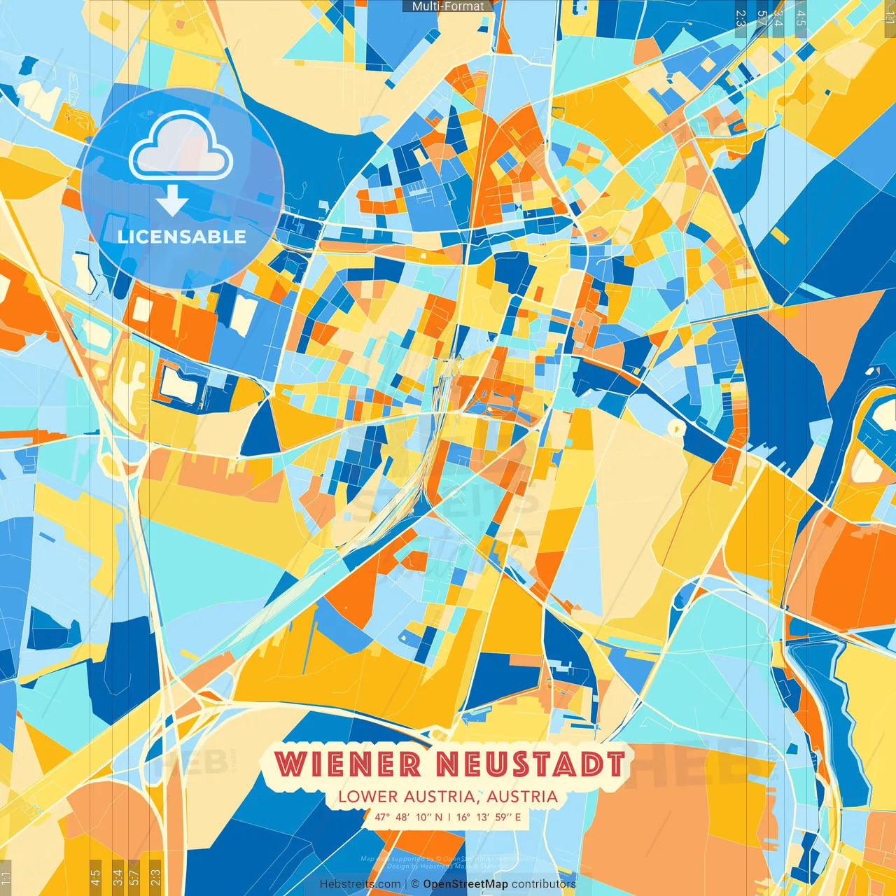 Wiener Neustadt, Lower Austria, Austria blue and orange vector art map template