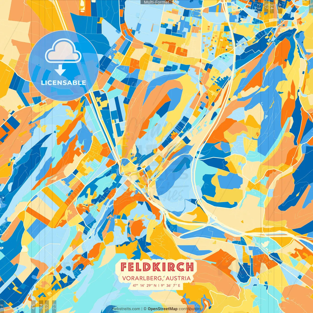 Feldkirch, Vorarlberg, Austria blue and orange vector art map template