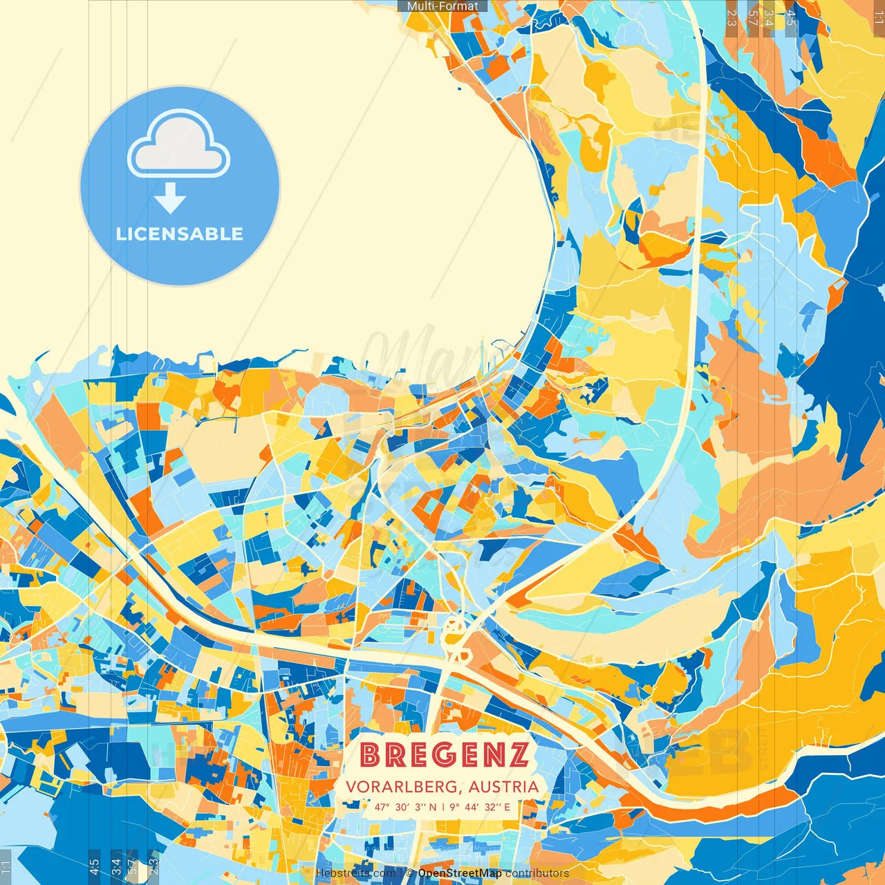 Bregenz, Vorarlberg, Austria blue and orange vector art map template
