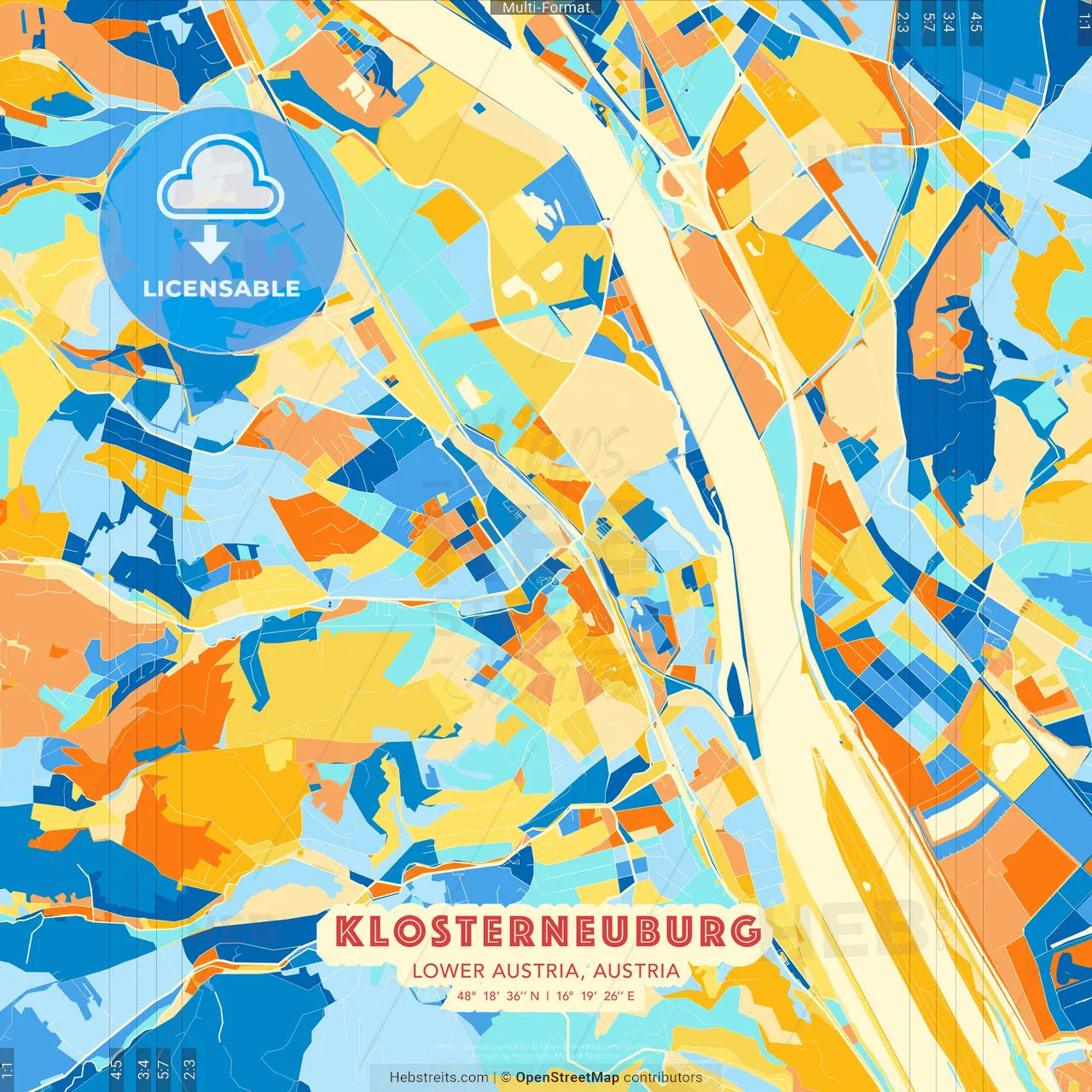 Klosterneuburg, Lower Austria, Austria blue and orange vector art map template