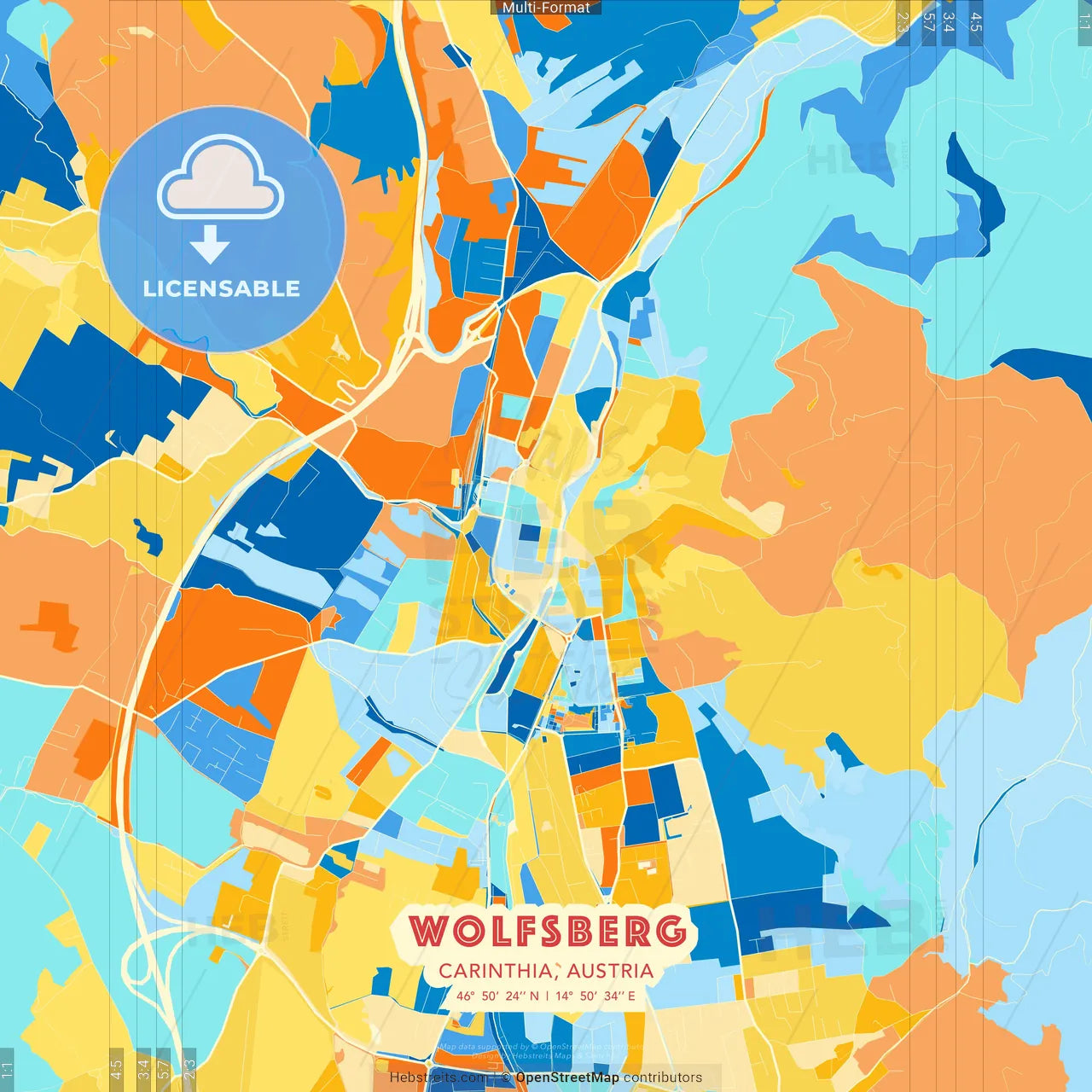Wolfsberg, Carinthia, Austria blue and orange vector art map template