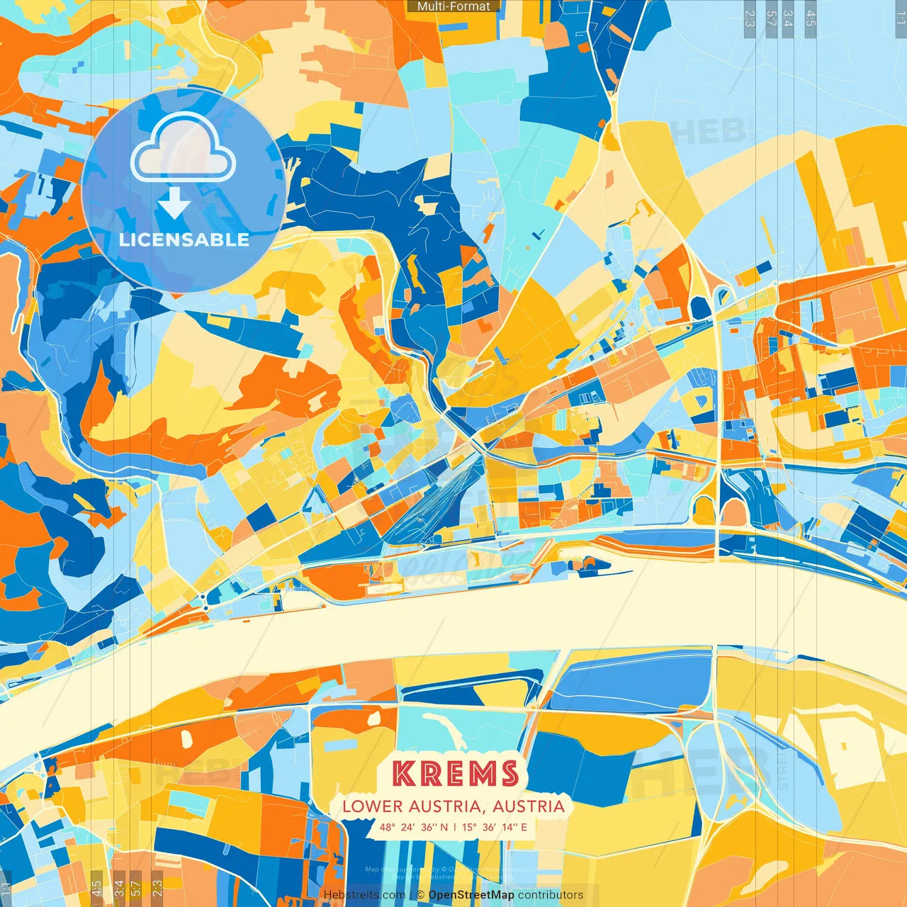 Krems, Lower Austria, Austria blue and orange vector art map template