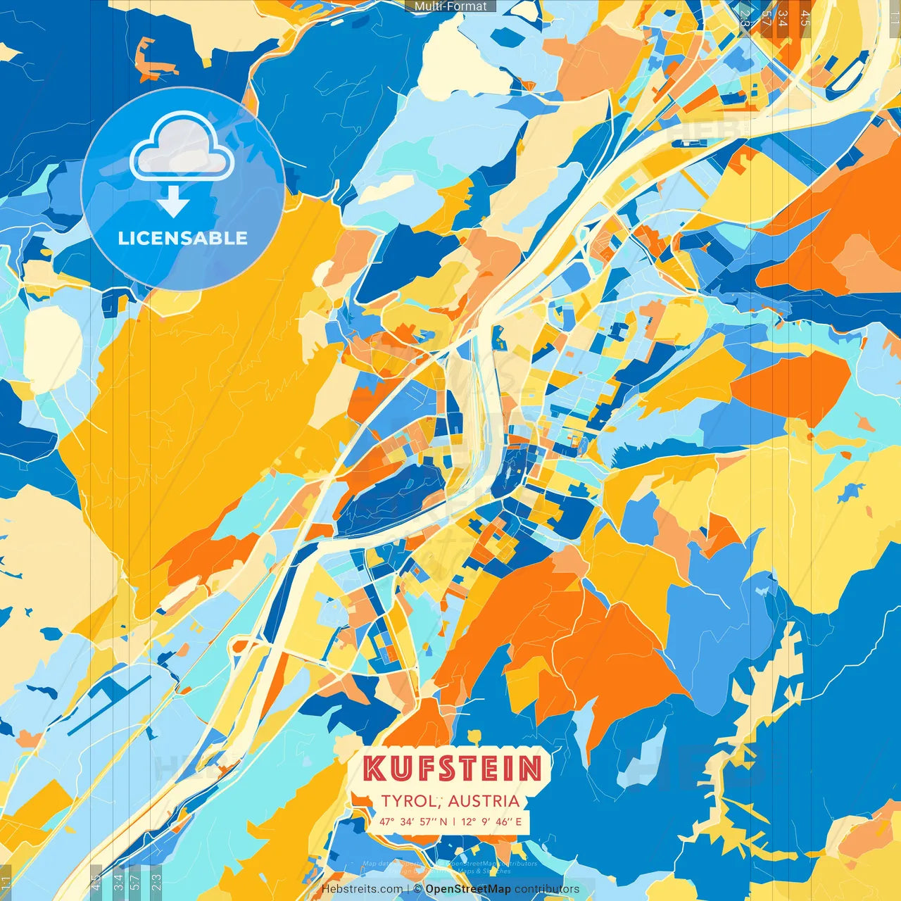 Kufstein, Tyrol, Austria blue and orange vector art map template