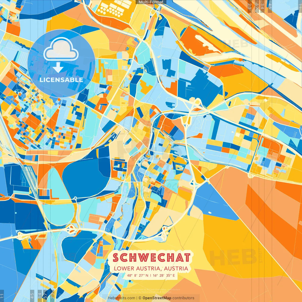 Schwechat, Lower Austria, Austria blue and orange vector art map template