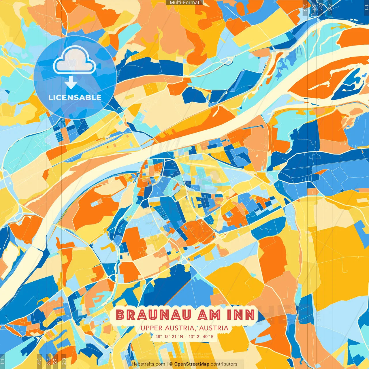 Braunau am Inn, Upper Austria, Austria blue and orange vector art map template