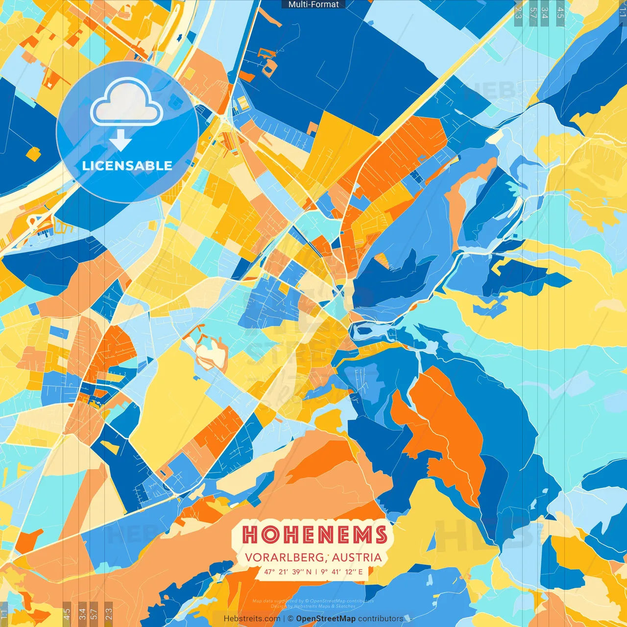 Hohenems, Vorarlberg, Austria blue and orange vector art map template