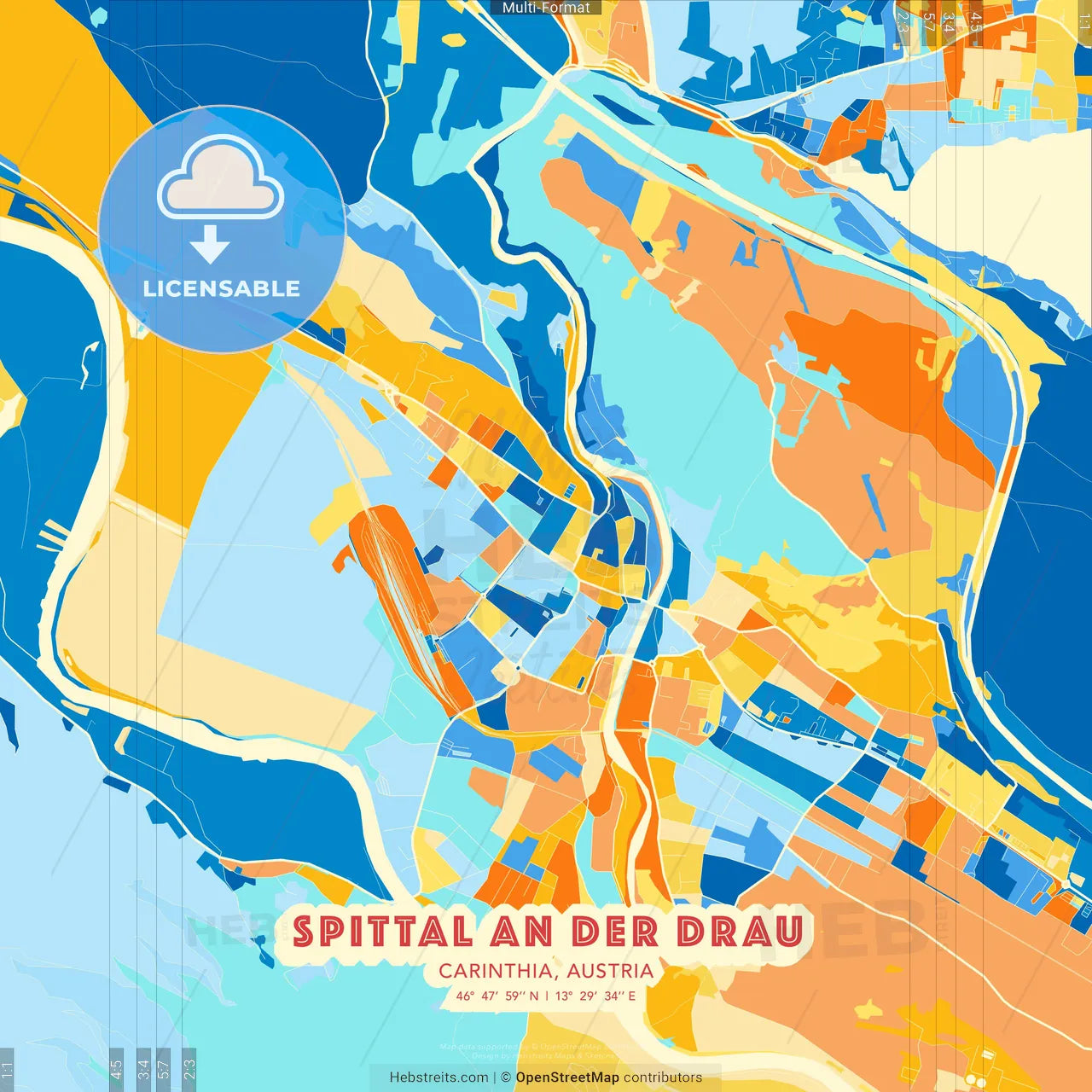 Spittal an der Drau, Carinthia, Austria blue and orange vector art map template