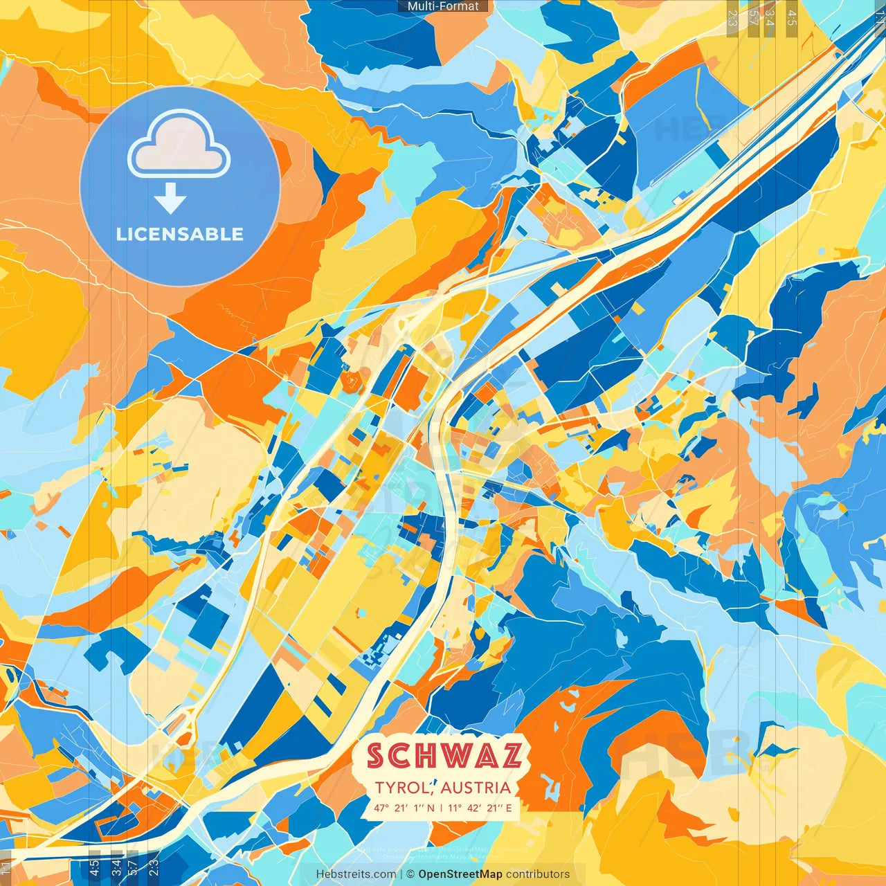 Schwaz, Tyrol, Austria blue and orange vector art map template
