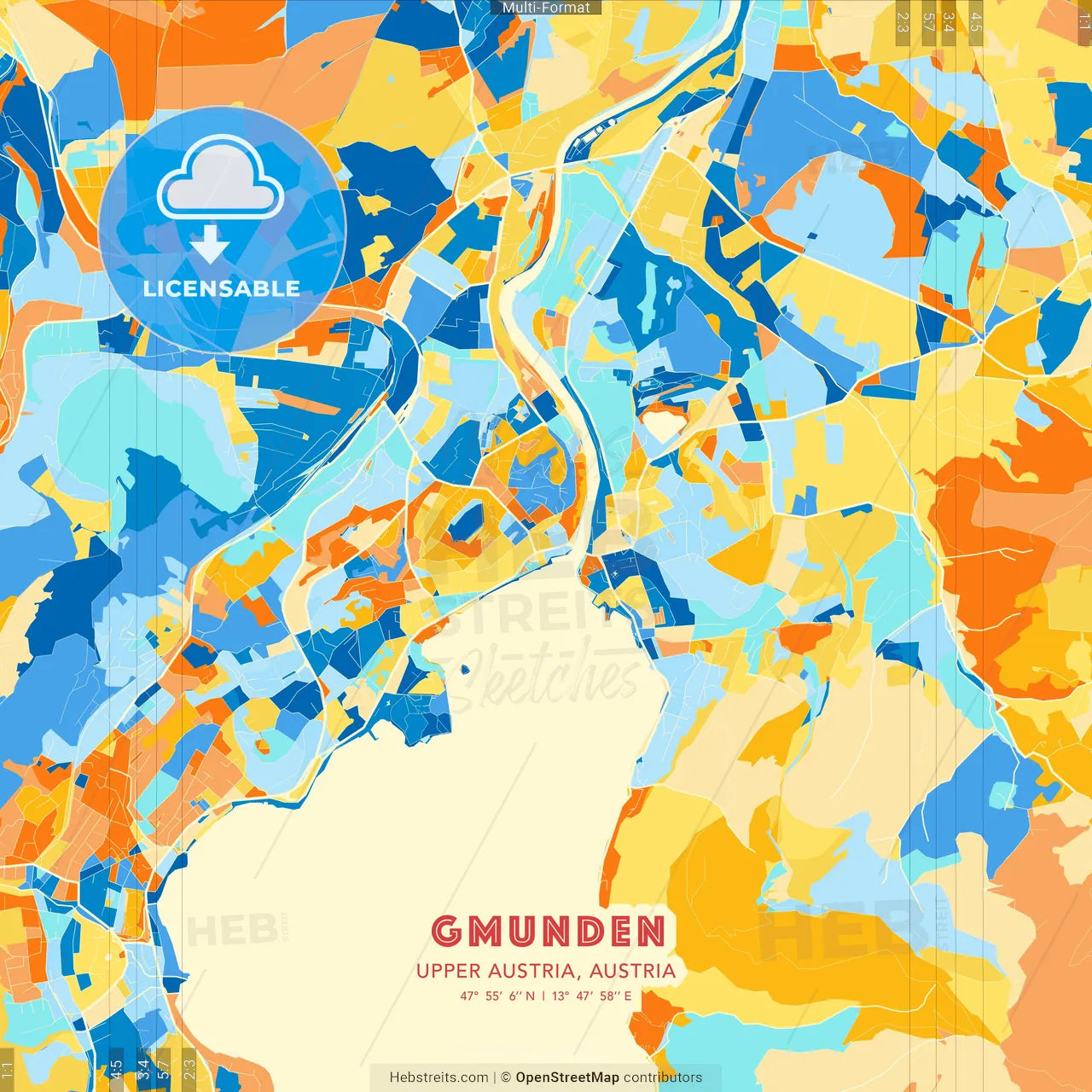 Gmunden, Upper Austria, Austria blue and orange vector art map template