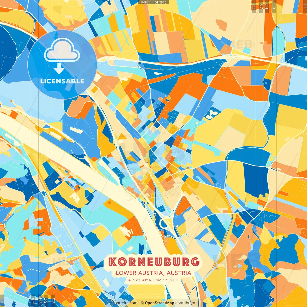 Korneuburg, Lower Austria, Austria blue and orange vector art map template