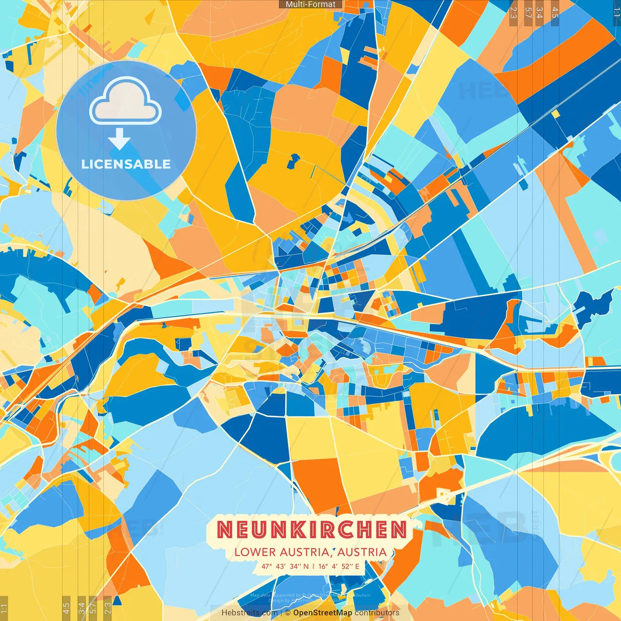 Neunkirchen, Lower Austria, Austria blue and orange vector art map template