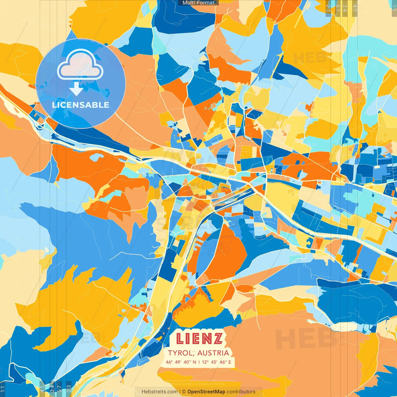 Lienz, Tyrol, Austria blue and orange vector art map template