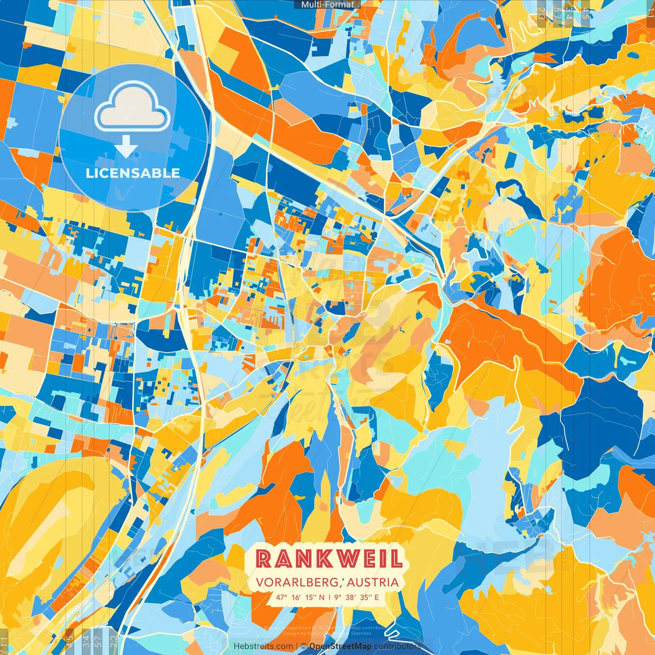 Rankweil, Vorarlberg, Austria blue and orange vector art map template