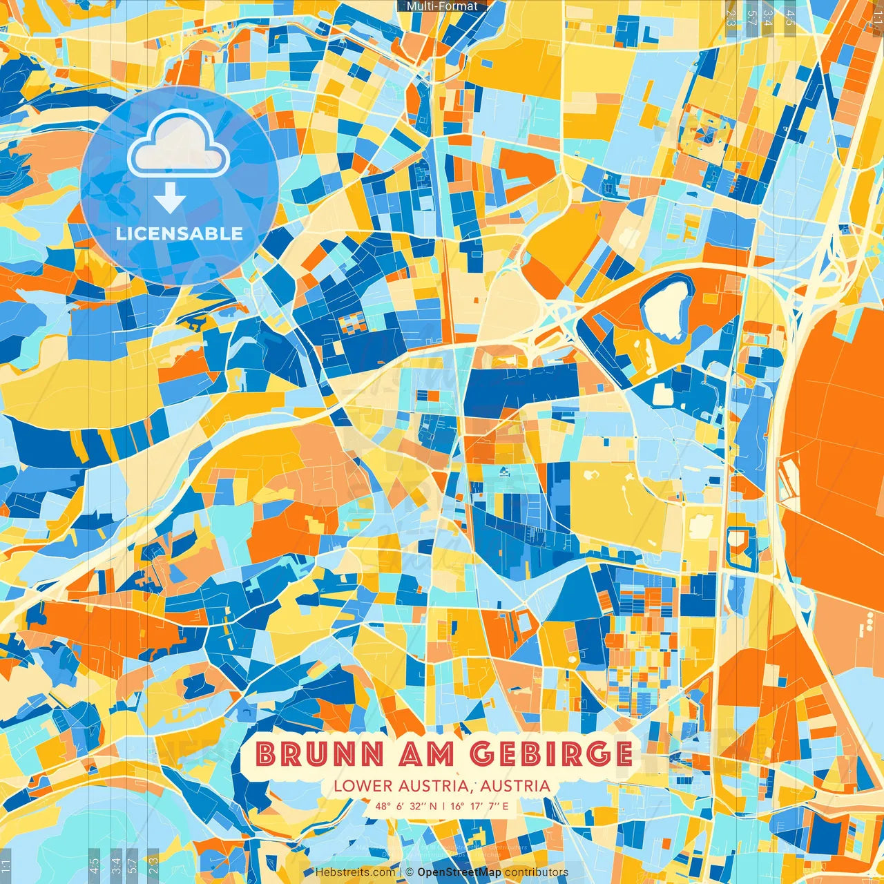 Brunn am Gebirge, Lower Austria, Austria blue and orange vector art map template