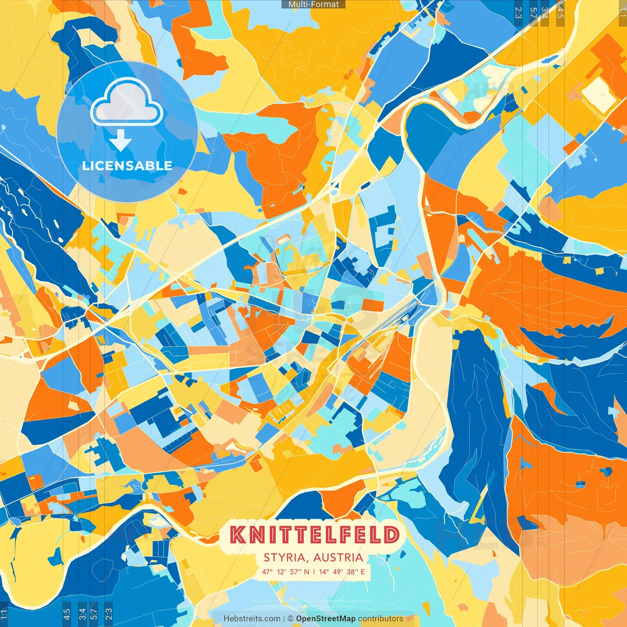 Knittelfeld, Styria, Austria blue and orange vector art map template