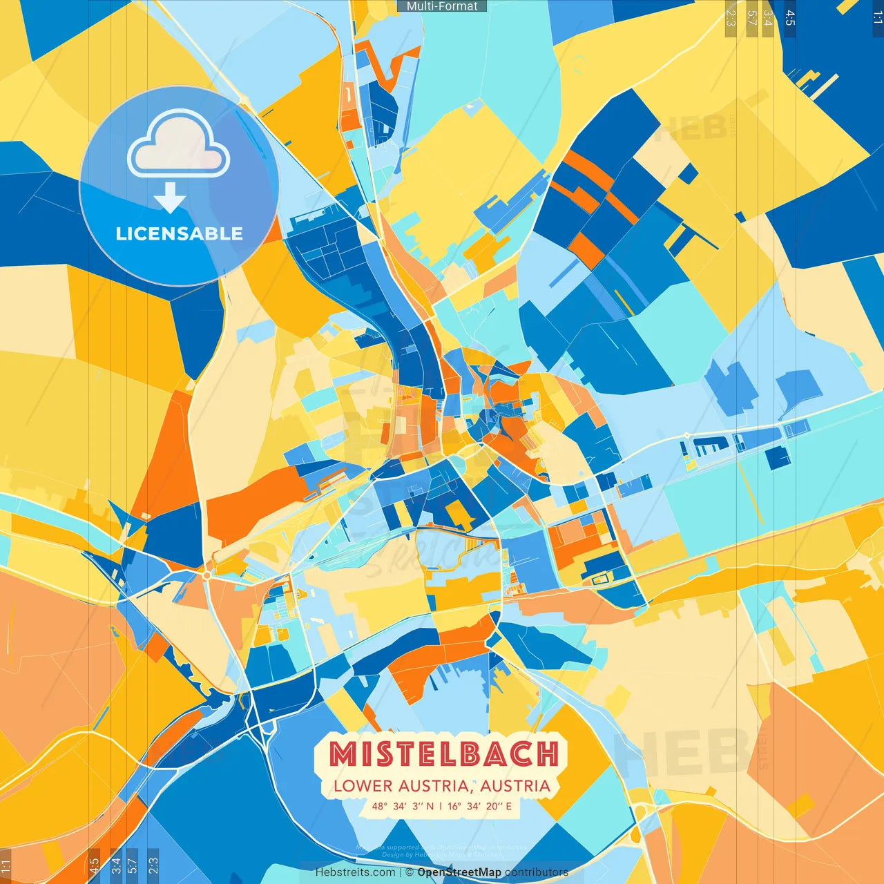 Mistelbach, Lower Austria, Austria blue and orange vector art map template