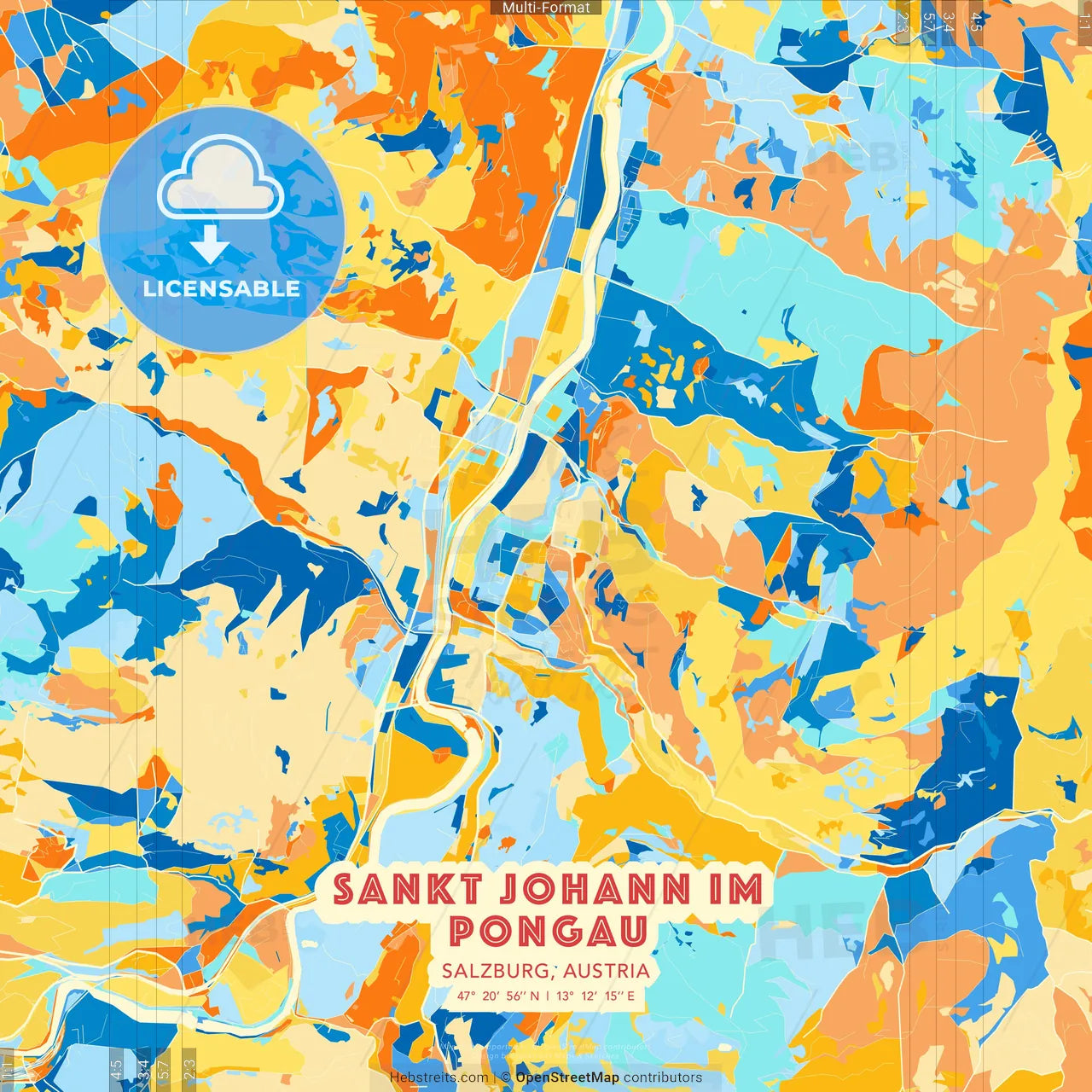 Sankt Johann im Pongau, Salzburg, Austria blue and orange vector art map template