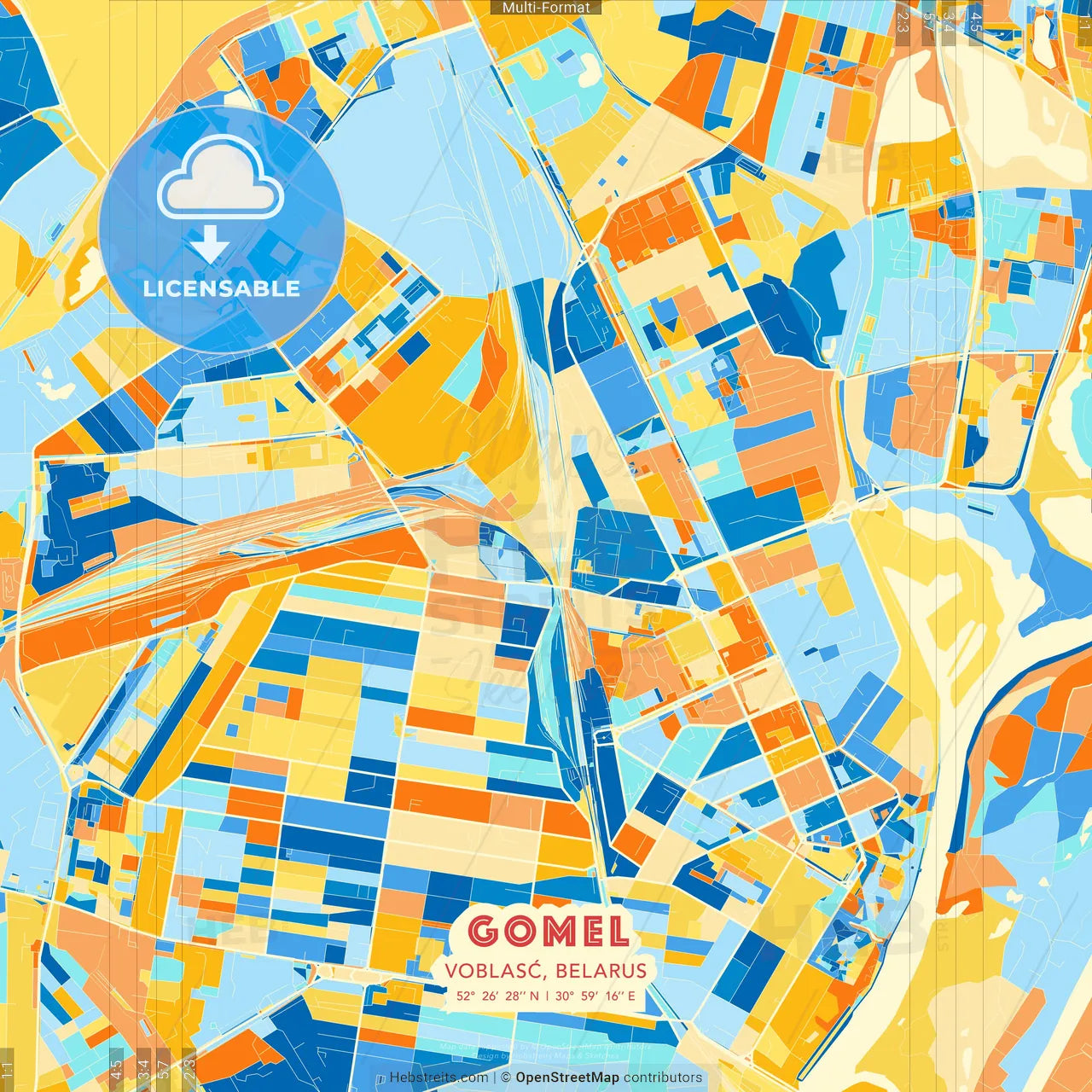 Gomel, Voblasć, Belarus blue and orange vector art map template