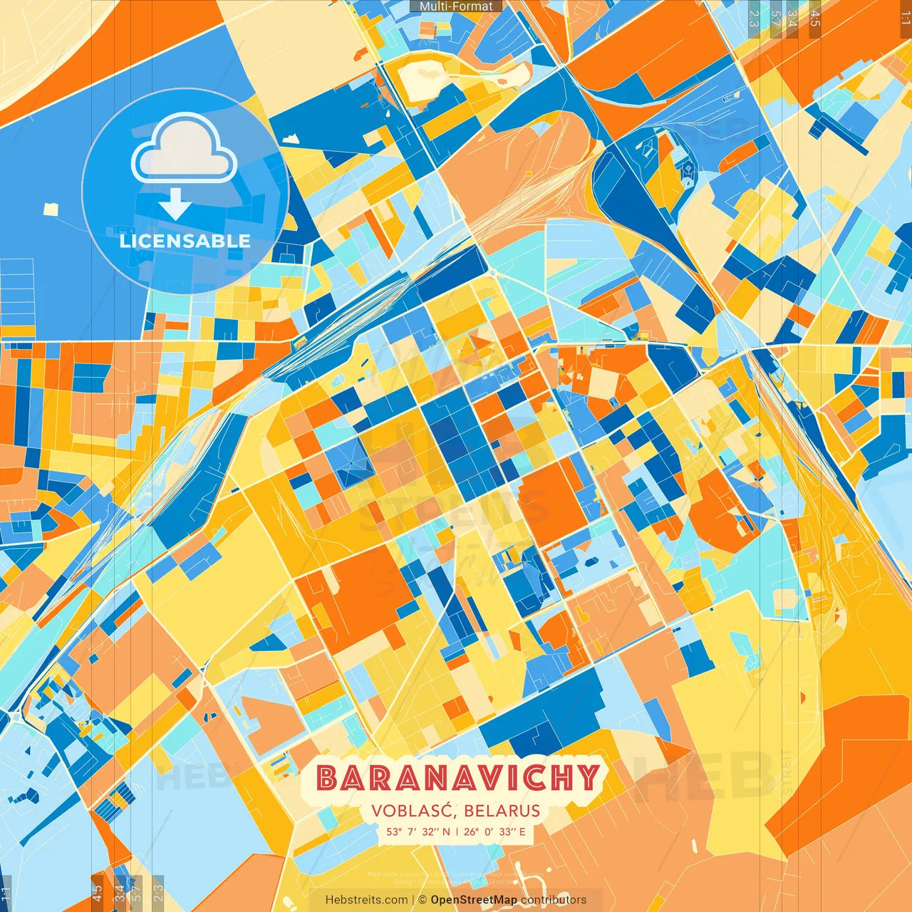 Baranavichy, Voblasć, Belarus blue and orange vector art map template