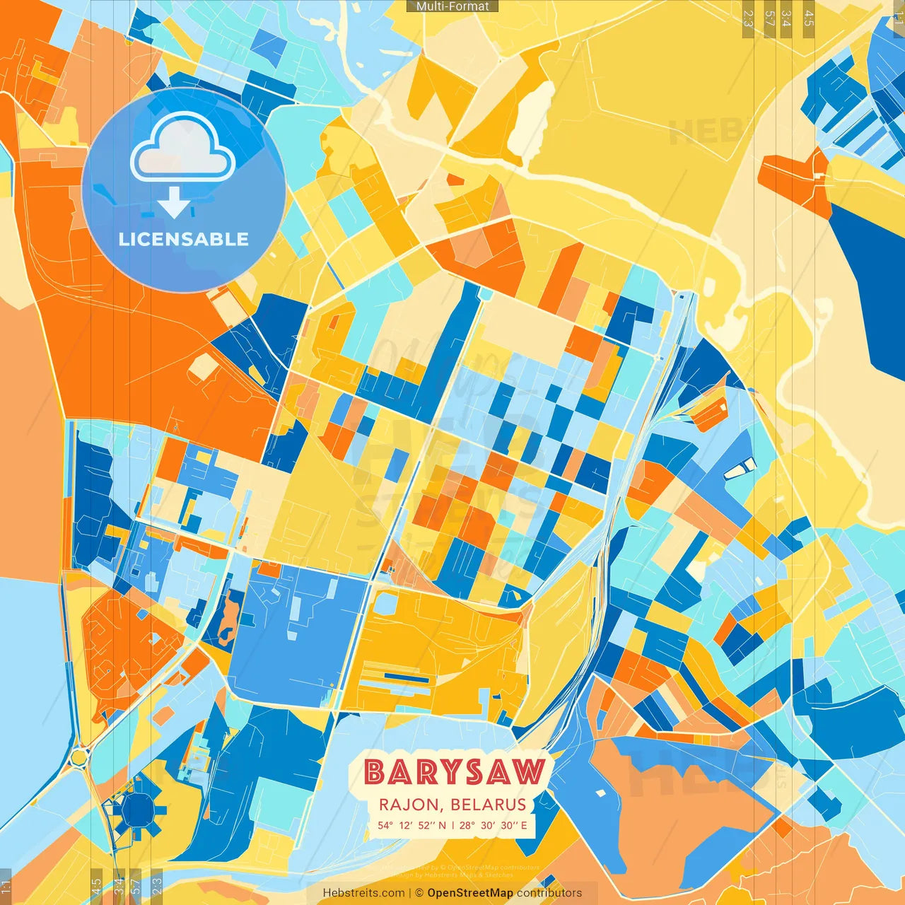 Barysaw, Rajon, Belarus blue and orange vector art map template