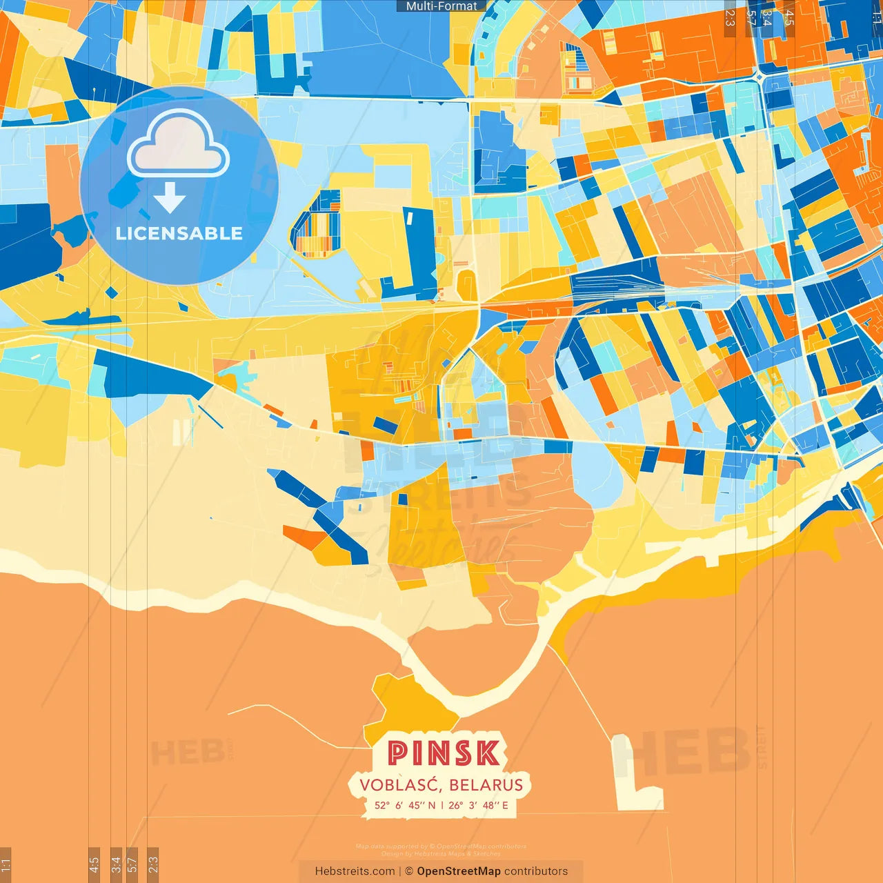 Pinsk, Voblasć, Belarus blue and orange vector art map template