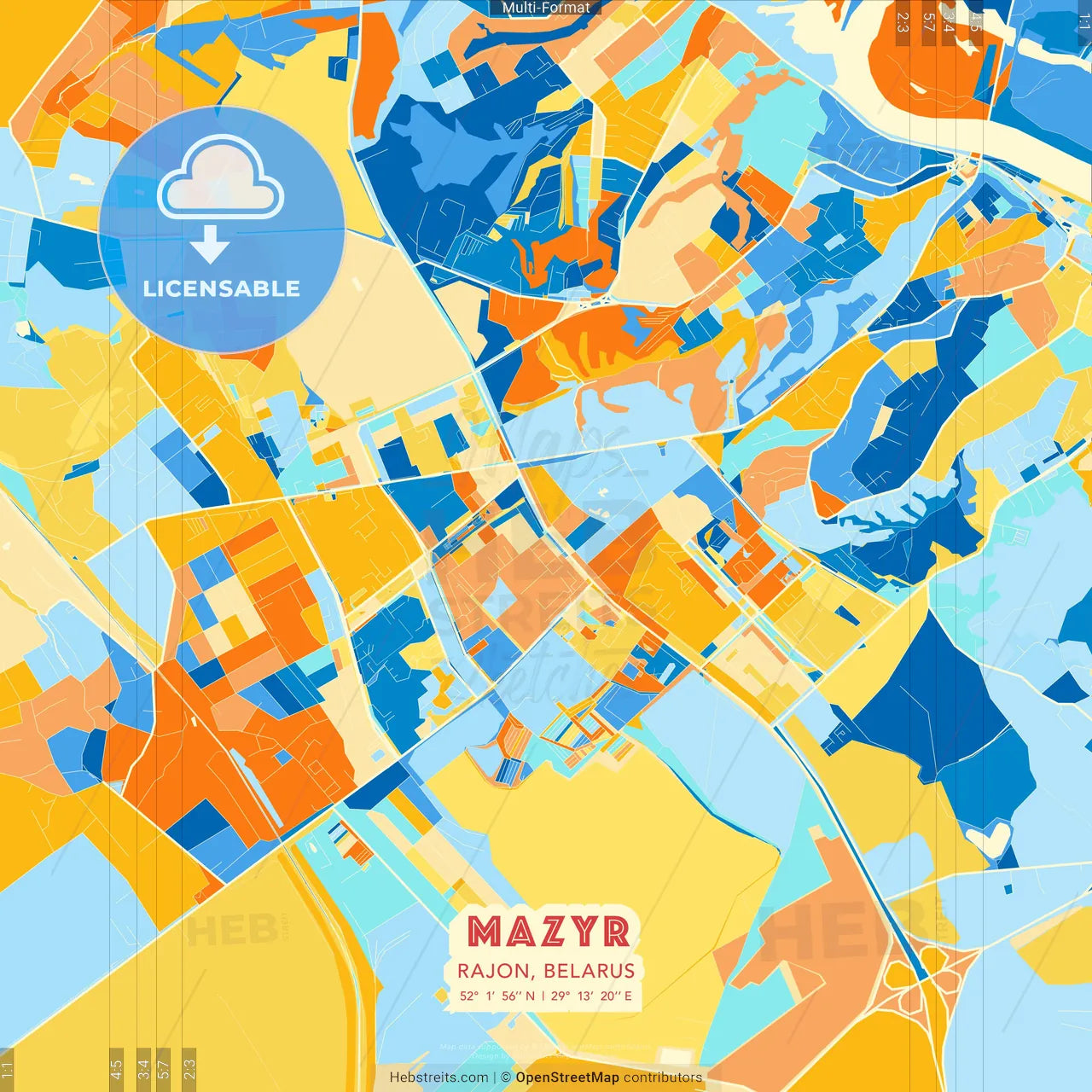 Mazyr, Rajon, Belarus blue and orange vector art map template