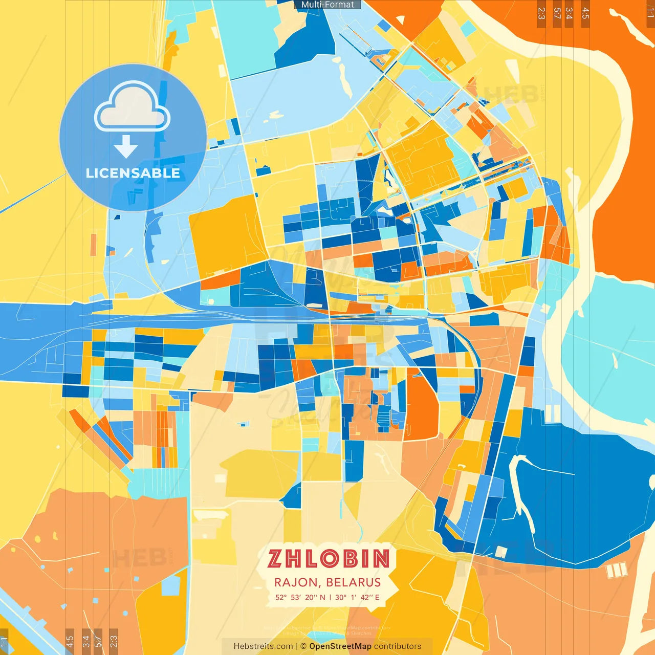Zhlobin, Rajon, Belarus blue and orange vector art map template