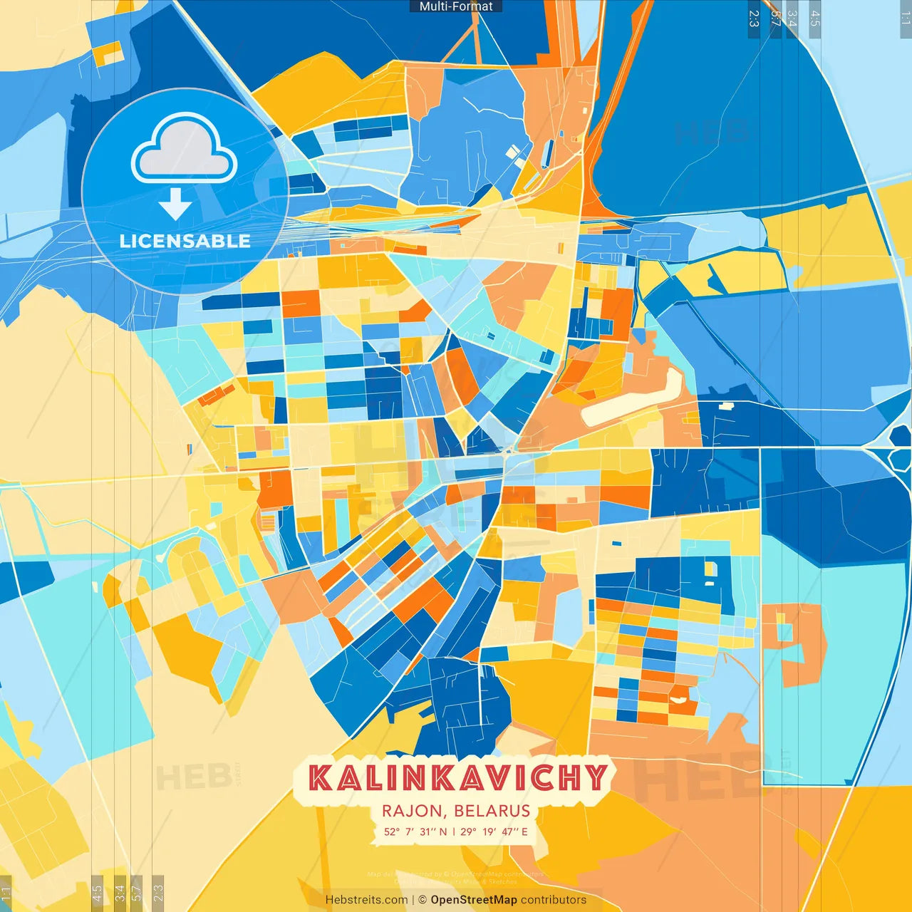 Kalinkavichy, Rajon, Belarus blue and orange vector art map template