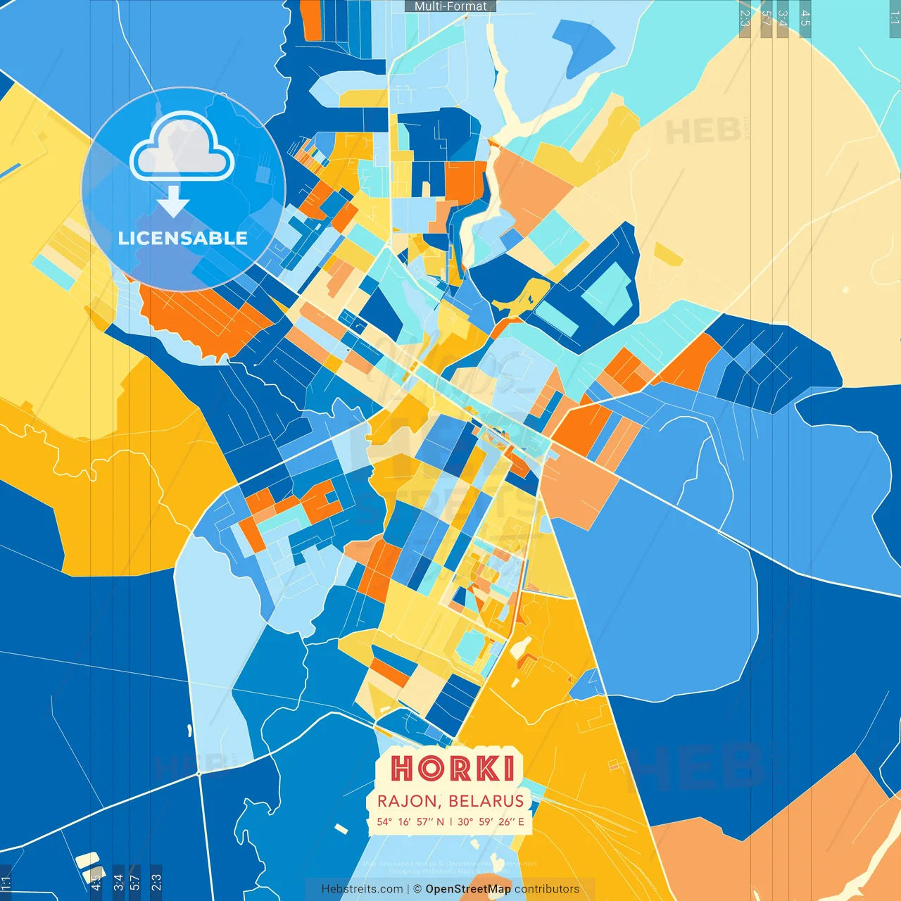 Horki, Rajon, Belarus blue and orange vector art map template