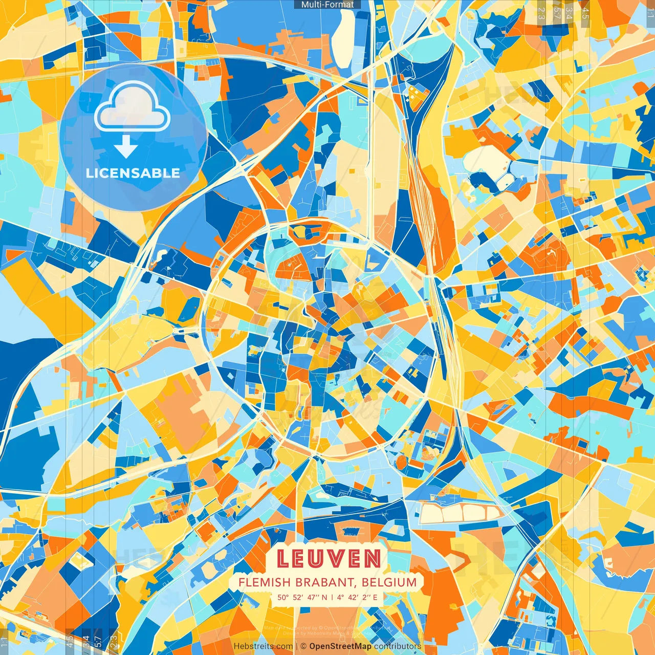 Leuven, Flemish Brabant, Belgium blue and orange vector art map template