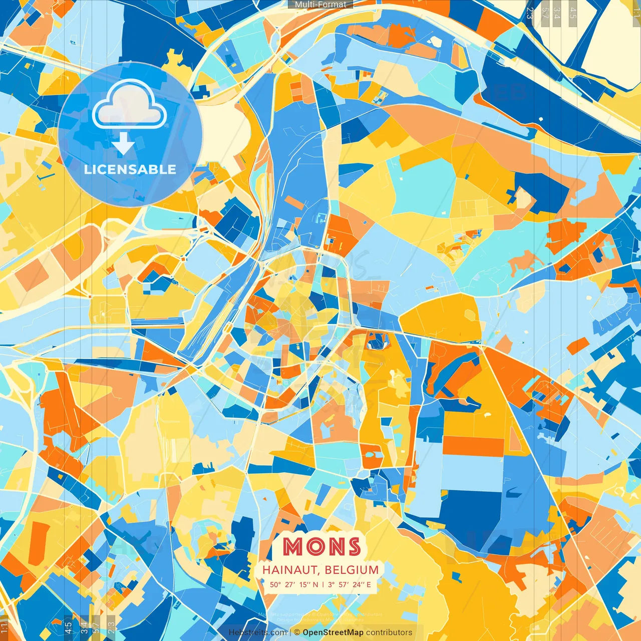 Mons, Hainaut, Belgium blue and orange vector art map template