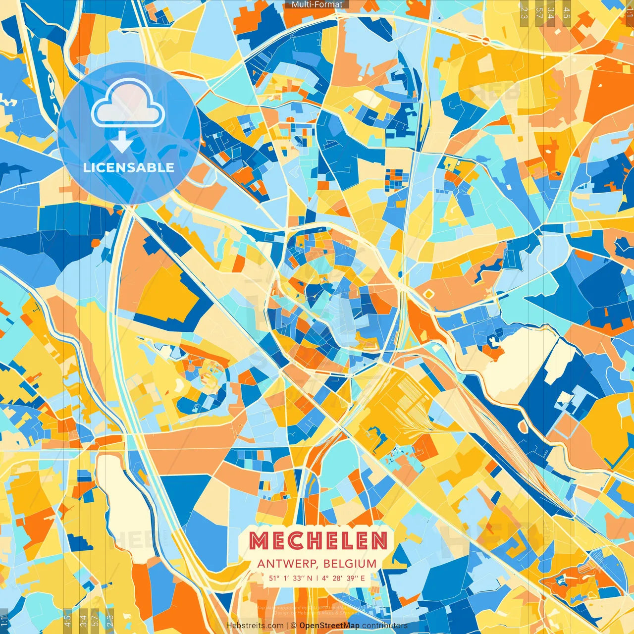 Mechelen, Antwerp, Belgium blue and orange vector art map template