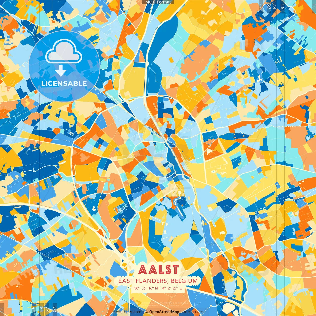 Aalst, East Flanders, Belgium blue and orange vector art map template