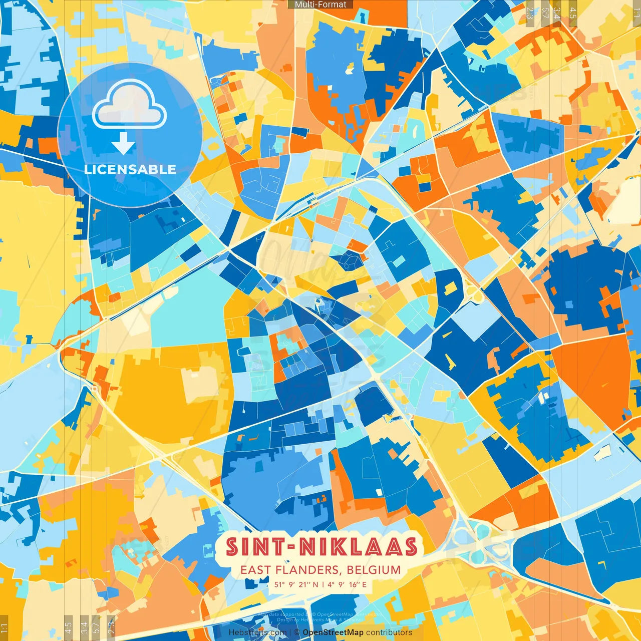 Sint-Niklaas, East Flanders, Belgium blue and orange vector art map template