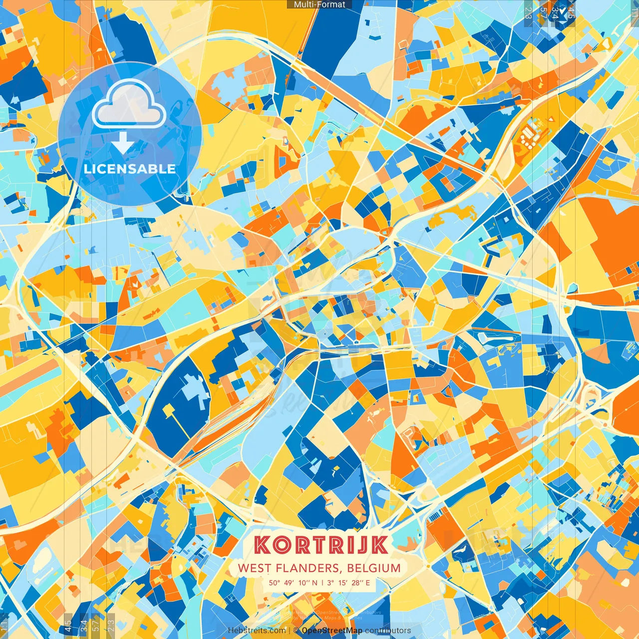 Kortrijk, West Flanders, Belgium blue and orange vector art map template