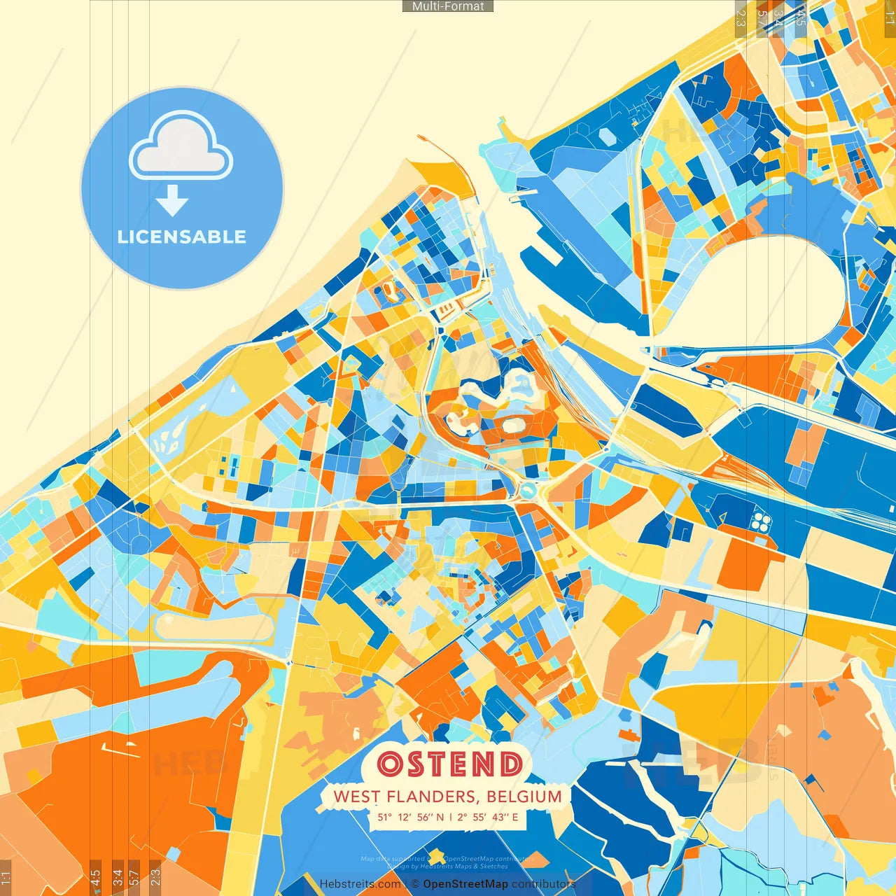 Ostend, West Flanders, Belgium blue and orange vector art map template
