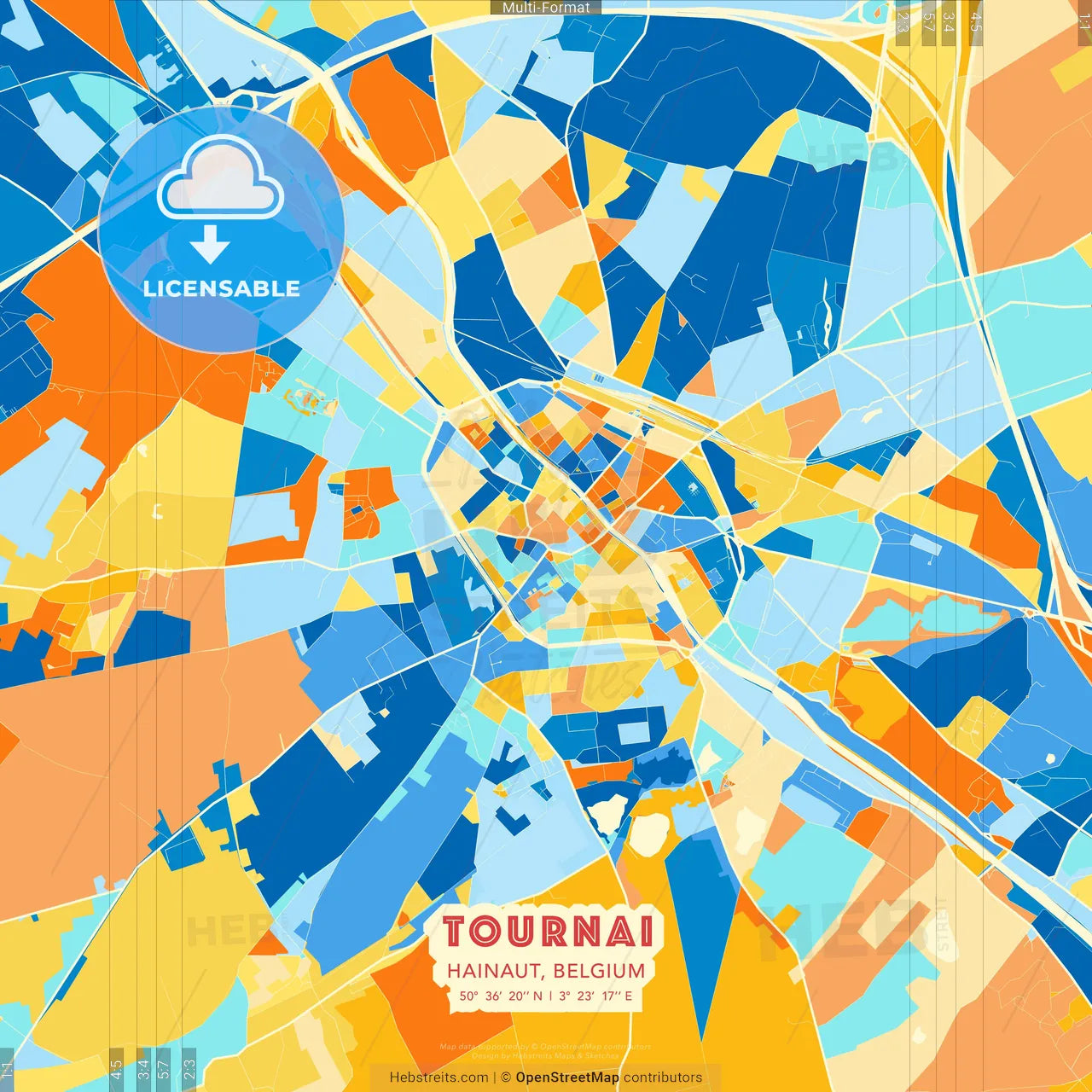 Tournai, Hainaut, Belgium blue and orange vector art map template
