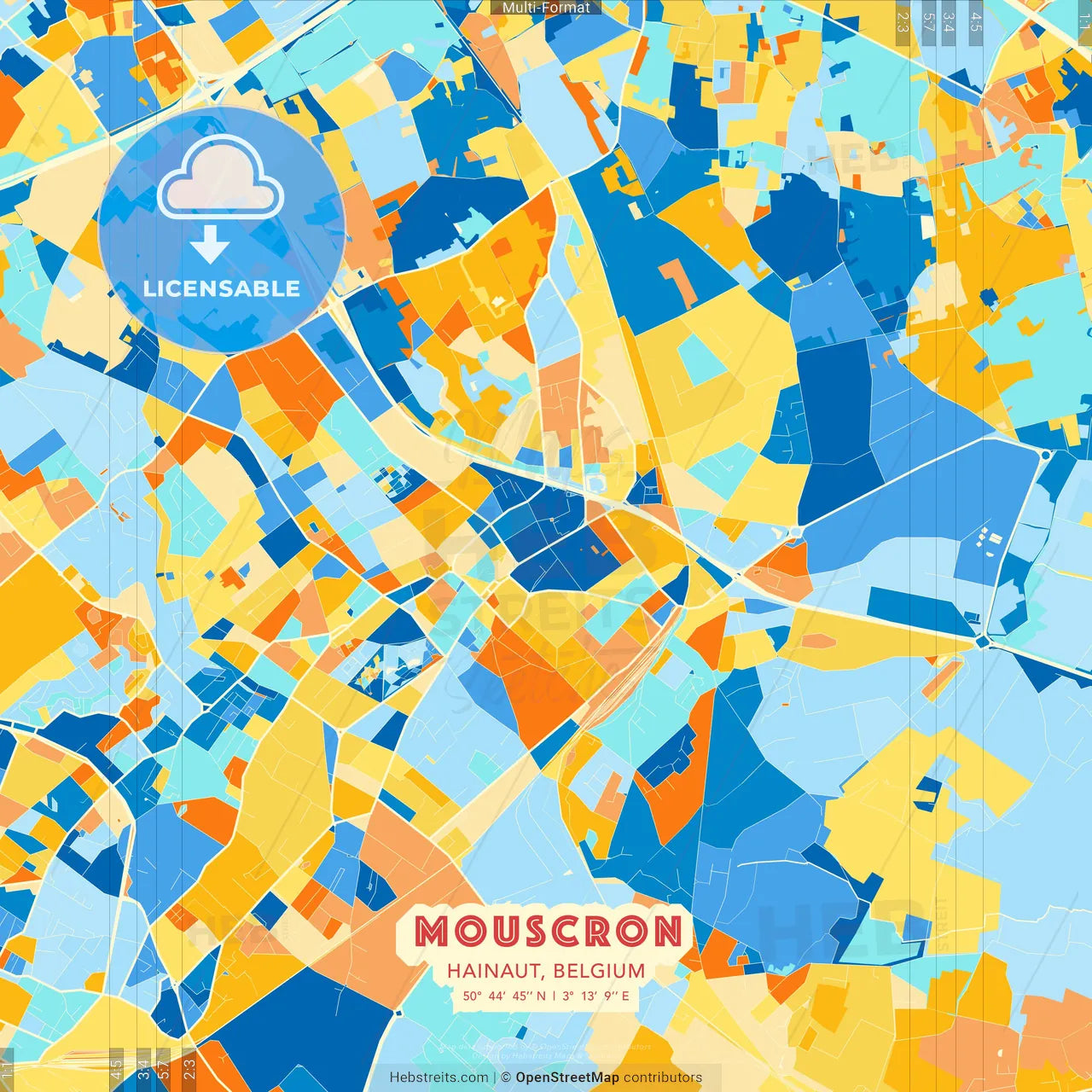 Mouscron, Hainaut, Belgium blue and orange vector art map template