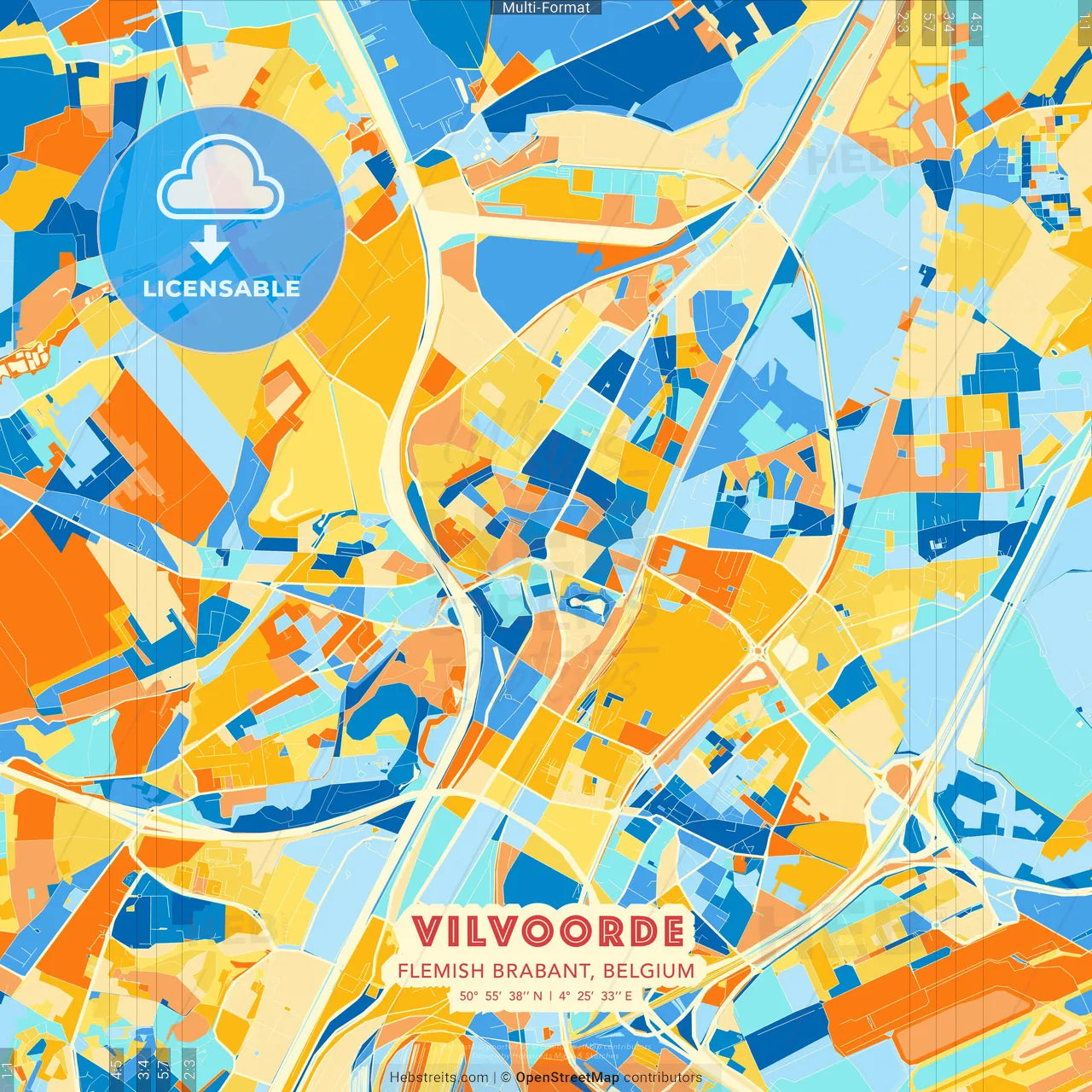 Vilvoorde, Flemish Brabant, Belgium blue and orange vector art map template