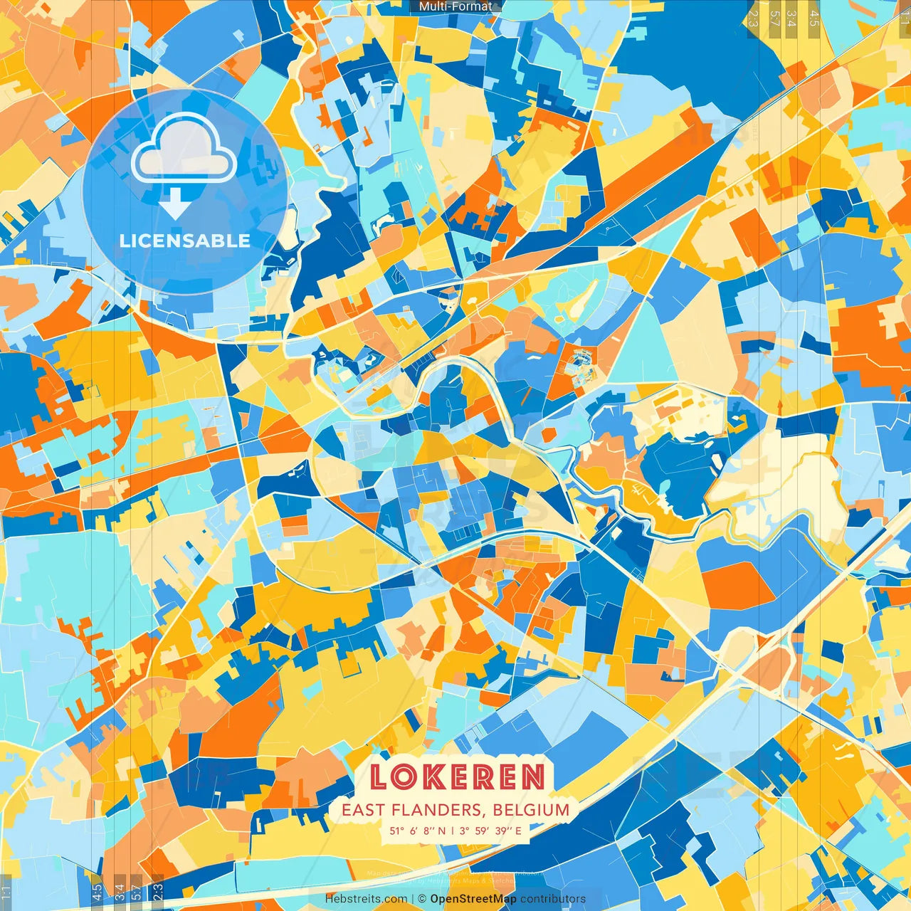 Lokeren, East Flanders, Belgium blue and orange vector art map template