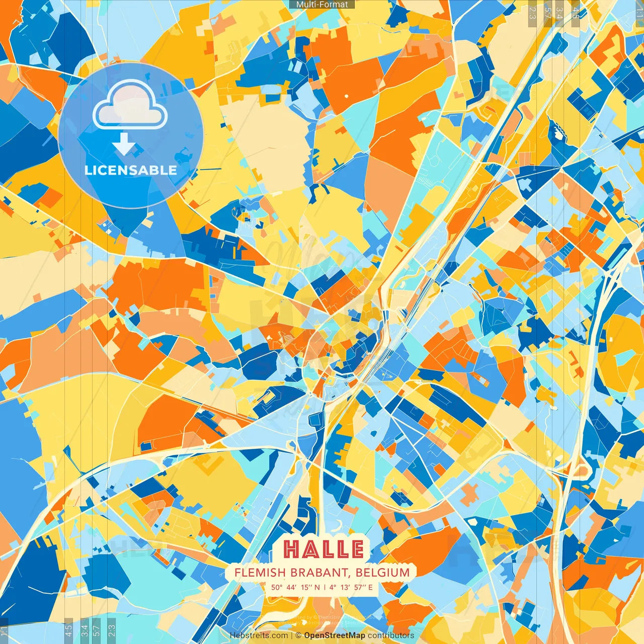 Halle, Flemish Brabant, Belgium blue and orange vector art map template